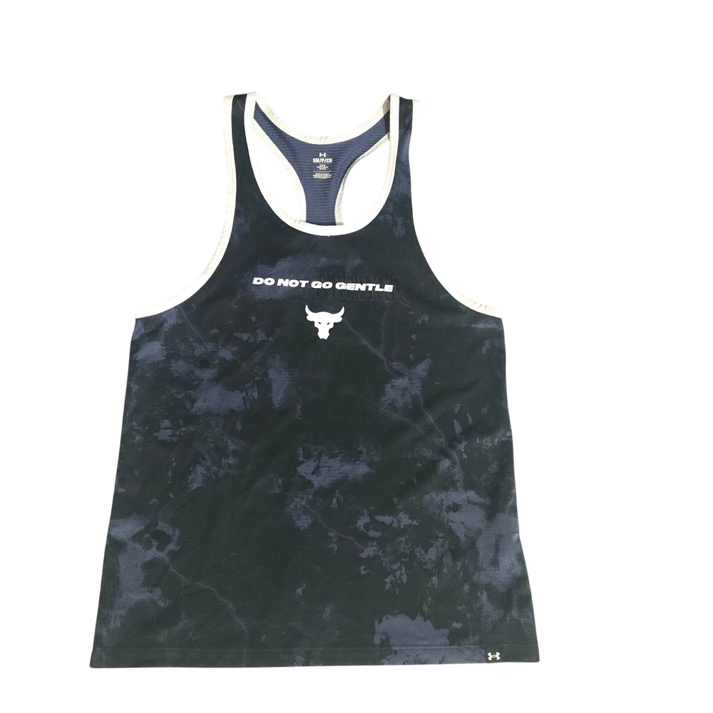 Under Armour Project Rock Tank Top Mens Small Blue Tie Dye Do Not Go Gentle Bull